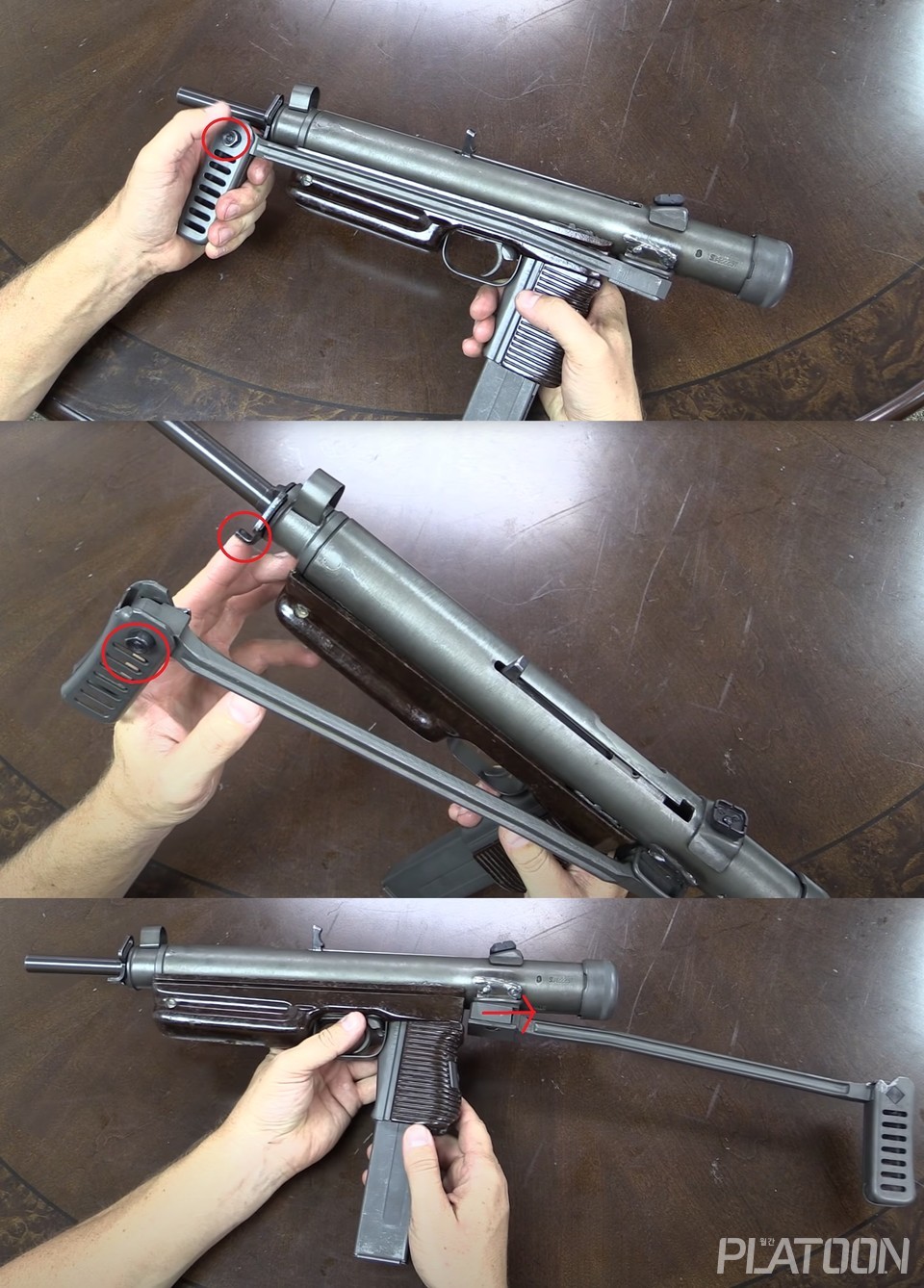 개머리판을 펼칠 때는 먼저 개머리판에 있는 버튼을 누른 후 젖히면 된다. 개머리판을 다시 접을 때는 개머리판을 약간 뒤로 후퇴시킨 후 왼편으로 돌려서 접는다. 슬링 고리 부분에 경첩이 있고 개머리판을 걸면 끝. (Forgotten Weapons 영상 갈무리) 