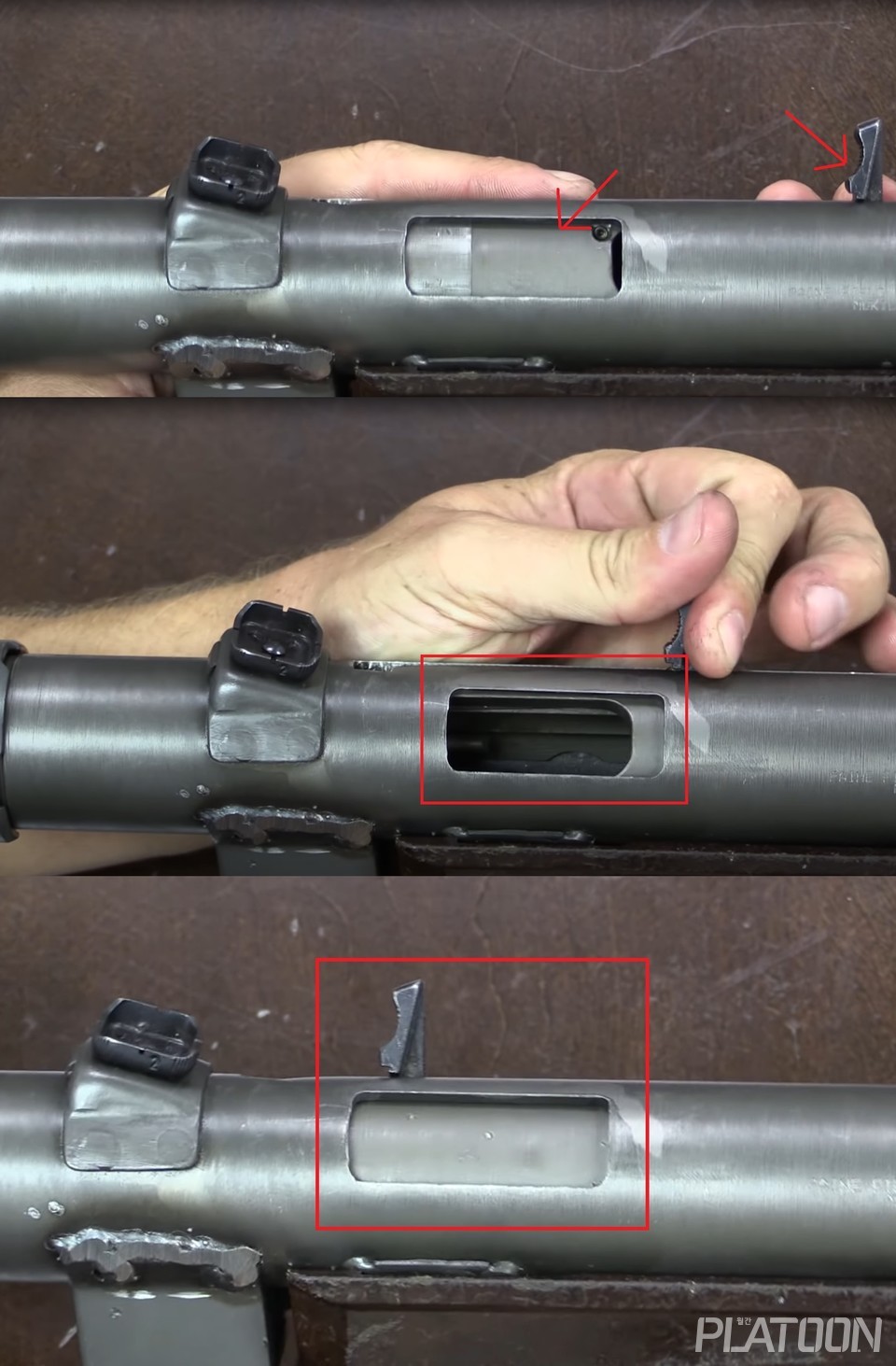 Vz 26의 특징은 바로 장전손잡이를 젖혀 노리쇠를 후퇴고정 시켜놓은 상태에서도 약실이 가려진다는 점이다. 이건 후술할 Telescoping Bolt에 의한 것. 약실은 탄피를 배출할 때만 열린다.  (Forgotten Weapons 영상 갈무리)