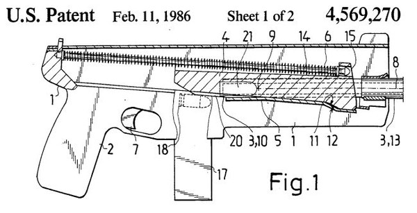 야티매틱의 미국 특허도면. 총열과는 다르게 비스듬한 각도로 움직이는 노리쇠다.