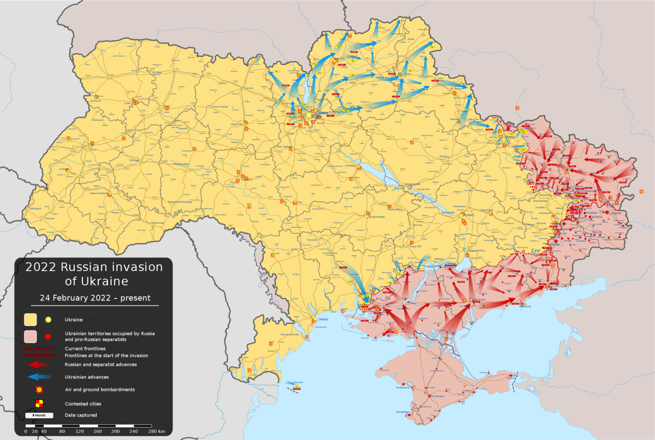 7월 21일자 우크라이나 전황도. ATACMS가 들어오면 이 지도에서 기존 우크라이나 영토 중 붉은색으로 표시된 부분 사실상 전부가 사거리 안에 들어간다. (Wikipedia)