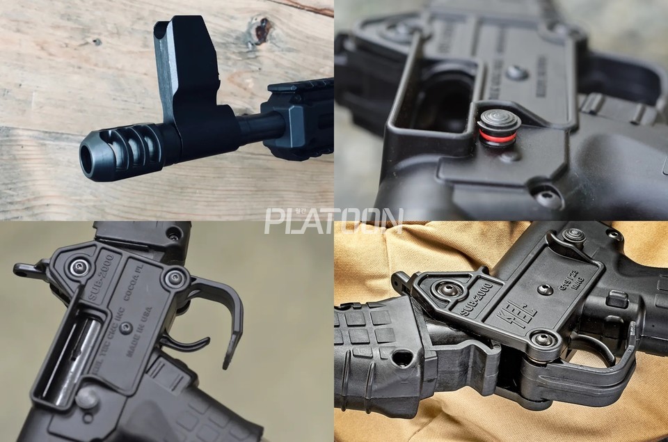 SUB-2000의 여러 디테일. 방아쇠울은 혹한기를 위해 열리도록 하는 기능이 아니라 총을 접을 때 사용하는 레버다. 보기보다 방아쇠울의 크기가 큰 편이라 장갑을 착용해도 큰 문제 없이 사격이 가능하다. 