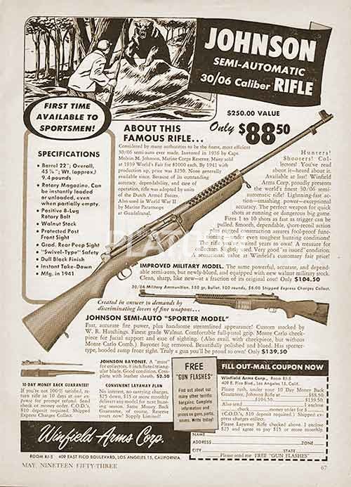 2차대전 종결 후 미 해병대가 보유하고 있던 존슨 소총의 부품들을 인수하여 민간용 스펙으로 다운그레이드한 민수용 버전이 1960년대 중반까지 판매가 이루어지기도 했습니다. 큰 인기를 누리진 못했지만 말입니다. 이 밖에도, 7.65mm Mauser 탄을 사용하는 시제품이 아르헨티나 군의 요구에 의해 개발이 되기도 했습니다. FN FAL에 밀려 채용까지 이루어지진 않았지만.