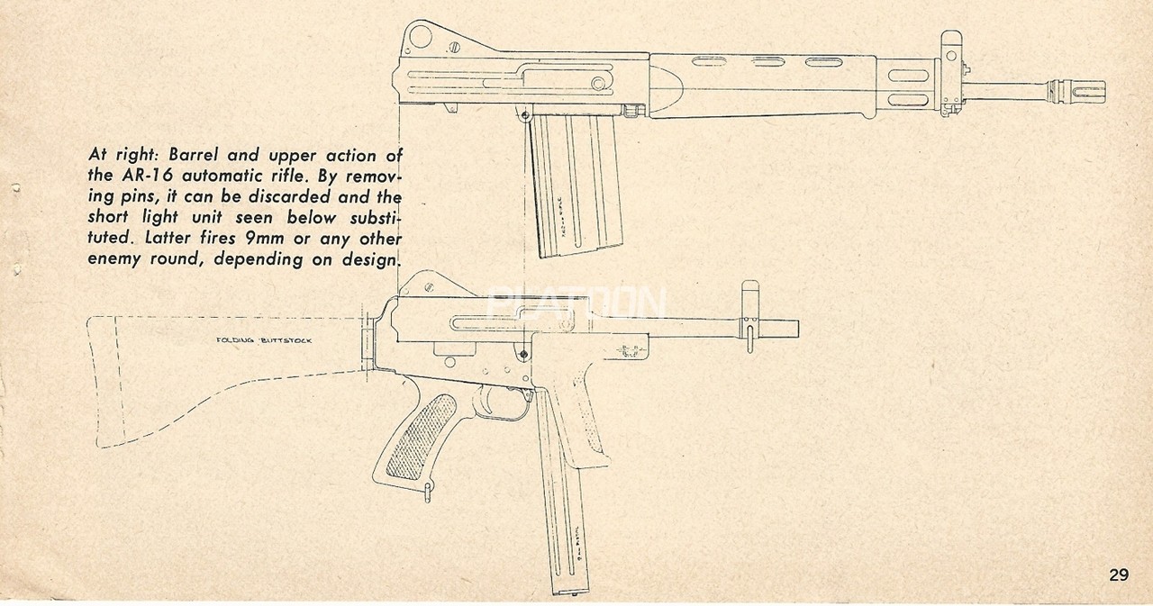 설계도면 상으로는 9mm x 19 파라벨럼 탄을 사용할 수 있는 기관단총 모델도 존재했지만 생산으로 이어지진 않았습니다. 아말라이트는 초창기에 카빈 버전을 미육군에 차량 승무원용으로 제안하지만 먹히지 않았고, 이후 9mm 버전을 제안했지만 역시 실패하고 맙니다.