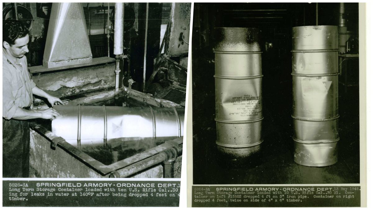 내충격/방수 실험. 4피트(1.2m) 높이에서 콘크리트 바닥에 떨어트리거나 각목 위에 떨어트리는 한편으로 섭씨 60도의 물에 넣고 방수실험도 실시했다. (Springfield Armory)